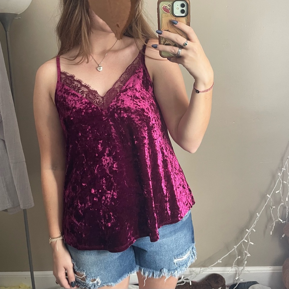 Vintage Crushed Velvet Maroon Lace Trim Cami Top